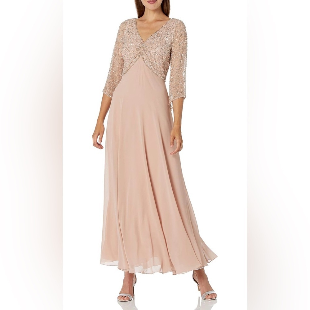 NWT J Kara Women's 3/4 Sleeve V-Neck Beaded Top Long Gown Blush/Multi